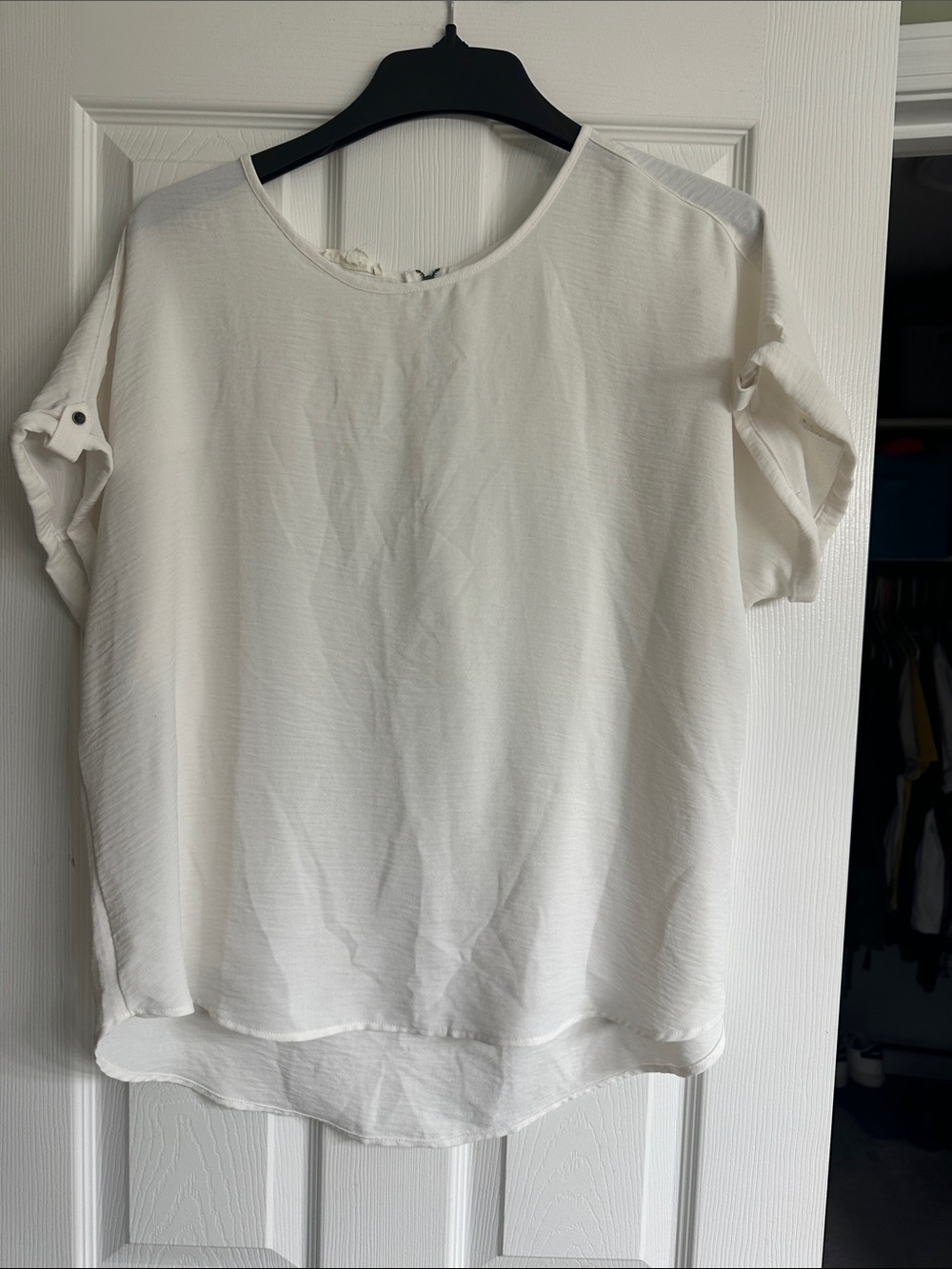 Maurices Cream Short Sleeve Button Tab Blouse